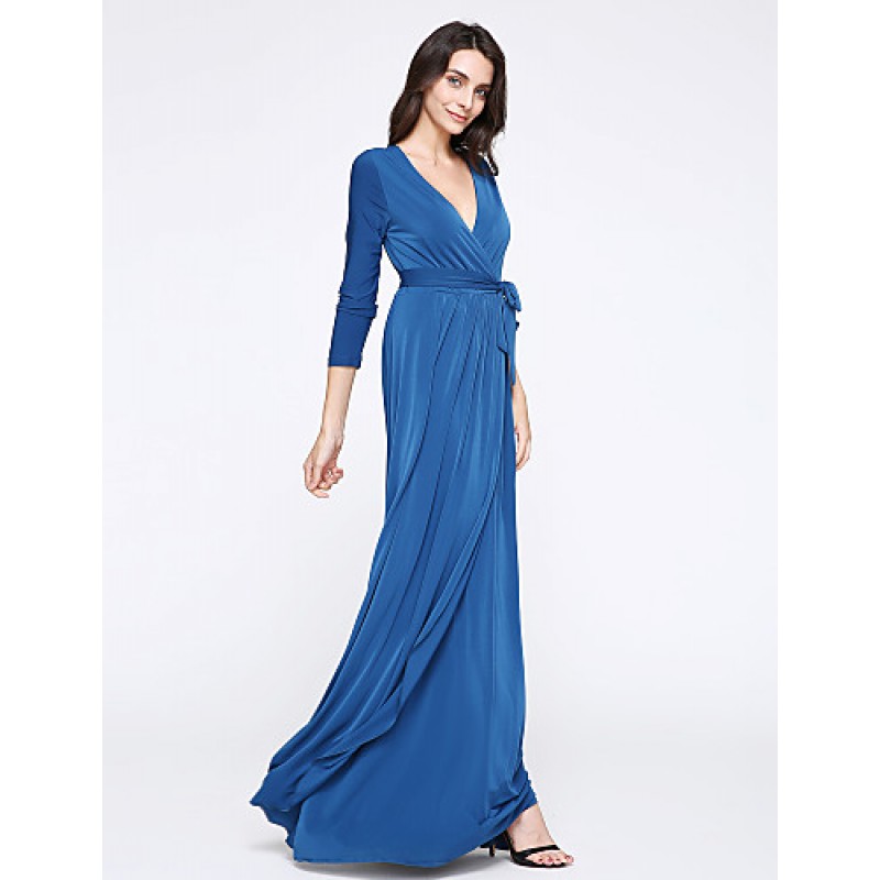 Women's Party/Cocktail Plus Size Plus Size Dress,Solid V Neck Midi Long Sleeve Blue Spandex Fall